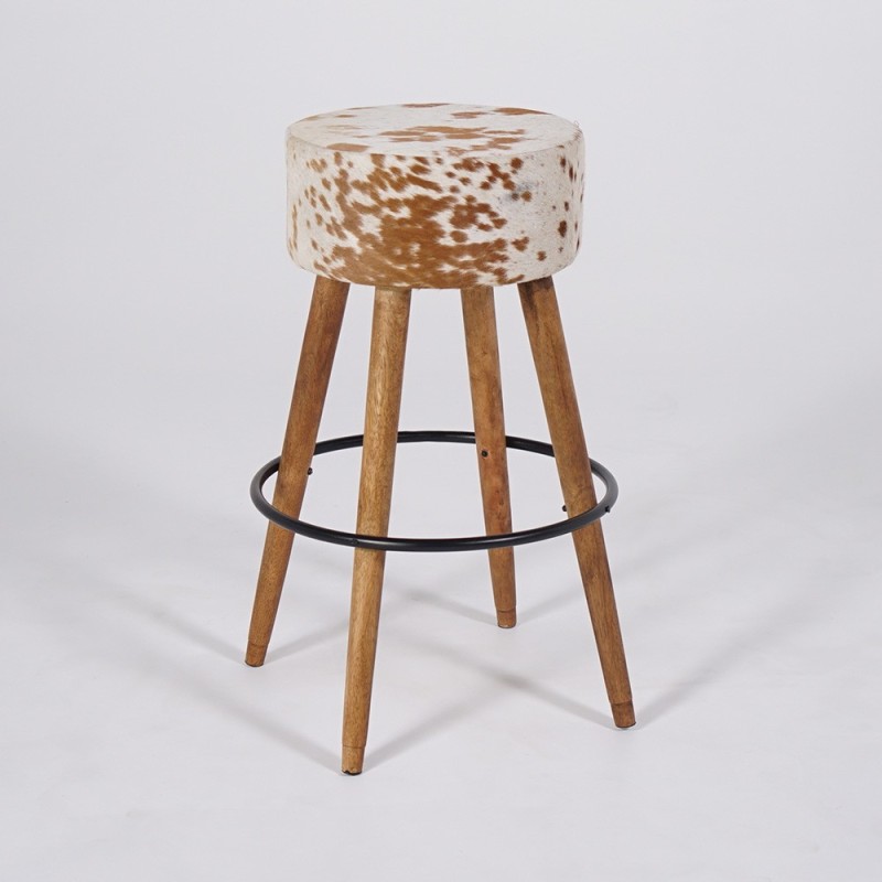Tabouret de bar en bois et assise en peau de vache naturelle - Ranch