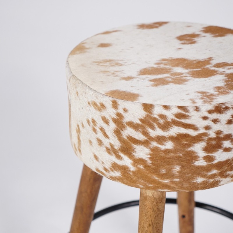 Tabouret de bar en bois et assise en peau de vache naturelle - Ranch