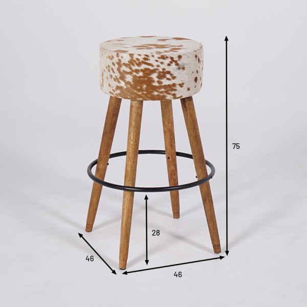 Tabouret de bar en bois et assise en peau de vache naturelle - Ranch