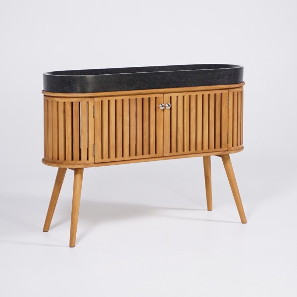 Meuble de salle de bain 120 cm en teck massif et vasque en terrazzo noir - Keya