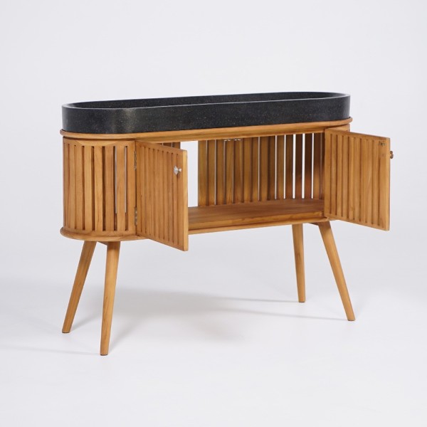 Meuble de salle de bain 120 cm en teck massif et vasque en terrazzo noir - Keya