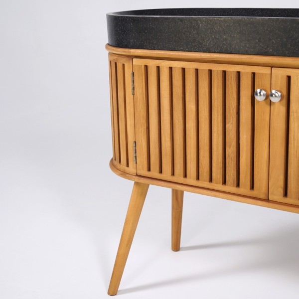 Meuble de salle de bain 120 cm en teck massif et vasque en terrazzo noir - Keya