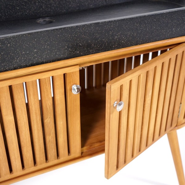 Meuble de salle de bain 120 cm en teck massif et vasque en terrazzo noir - Keya