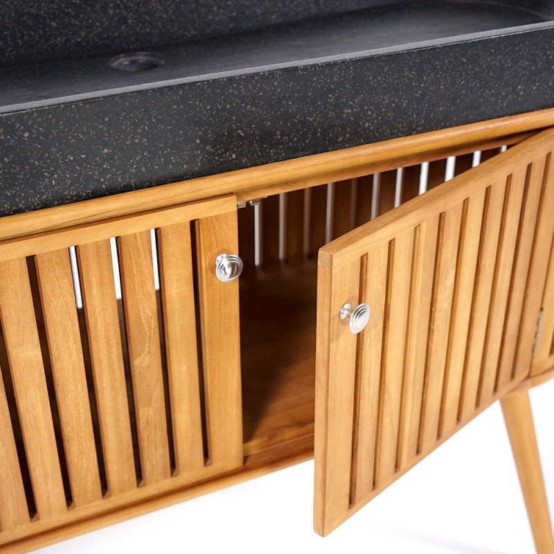 Meuble de salle de bain 120 cm en teck massif et vasque en terrazzo noir - Keya