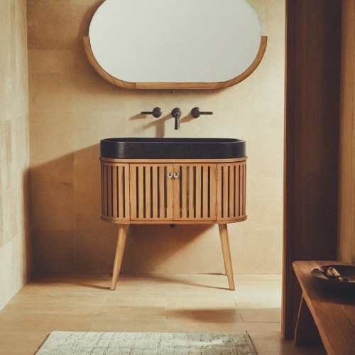 Meuble de salle de bain 90 cm en teck massif et vasque en terrazzo noir - Keya