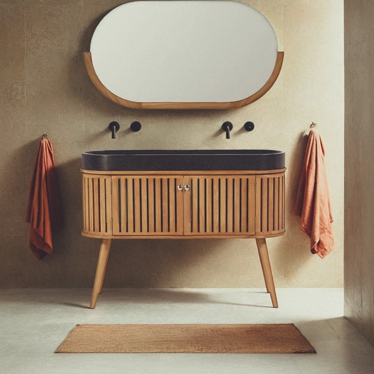 Meuble de salle de bain 120 cm en teck massif et vasque en terrazzo noir - Keya