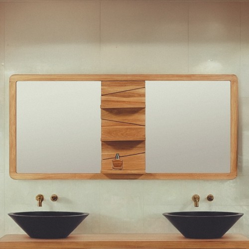 Miroir double sur support en teck avec tablettes - Sahar