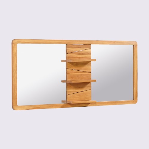 Miroir double sur support en teck avec tablettes - Sahar
