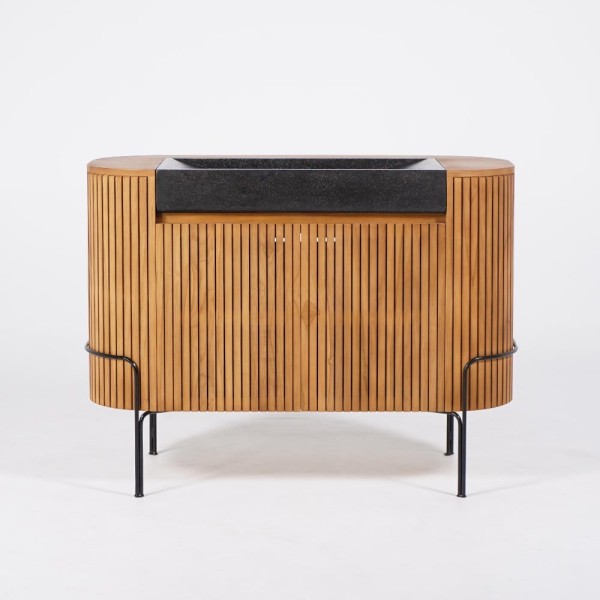 Meuble de salle de bain en teck massif avec vasque en terrazzo noir - Rani