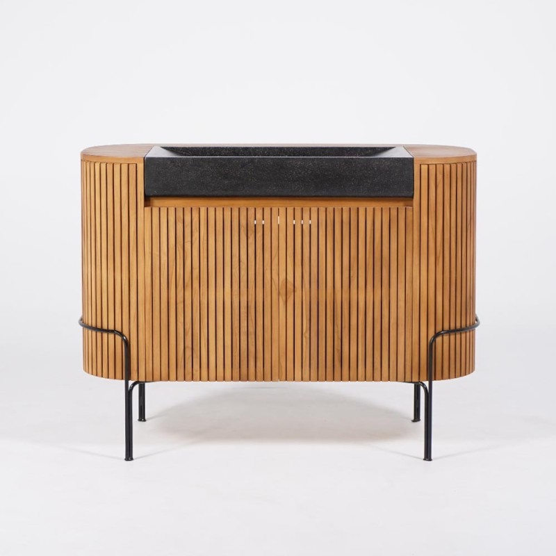 Meuble de salle de bain en teck massif avec vasque en terrazzo noir - Rani Meuble de salle de bain en teck massif avec vasque en terrazzo noir - Rani