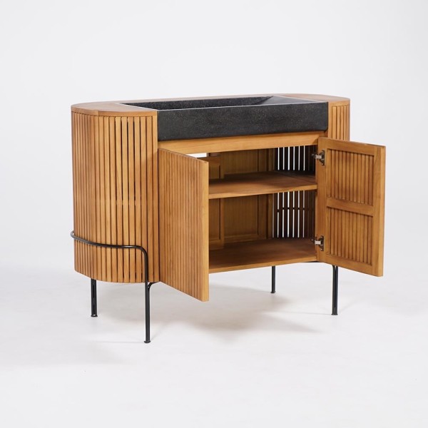 Meuble de salle de bain en teck massif avec vasque en terrazzo noir - Rani