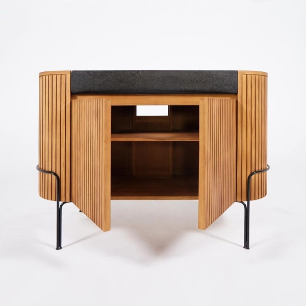 Meuble de salle de bain en teck massif avec vasque en terrazzo noir - Rani