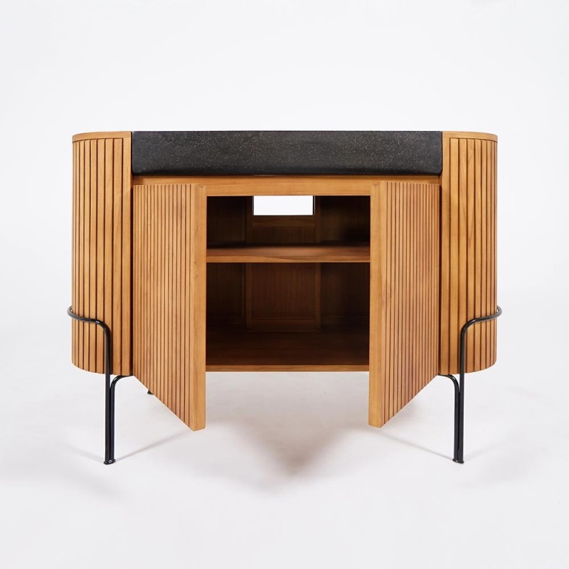 Meuble de salle de bain en teck massif avec vasque en terrazzo noir - Rani Meuble de salle de bain en teck massif avec vasque en terrazzo noir - Rani