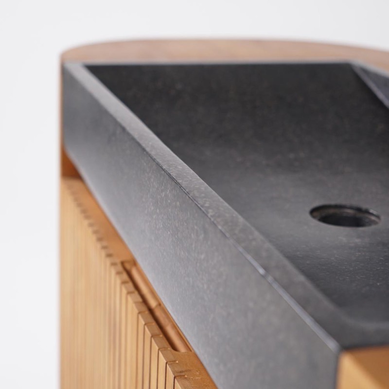 Meuble de salle de bain en teck massif avec vasque en terrazzo noir - Rani Meuble de salle de bain en teck massif avec vasque en terrazzo noir - Rani