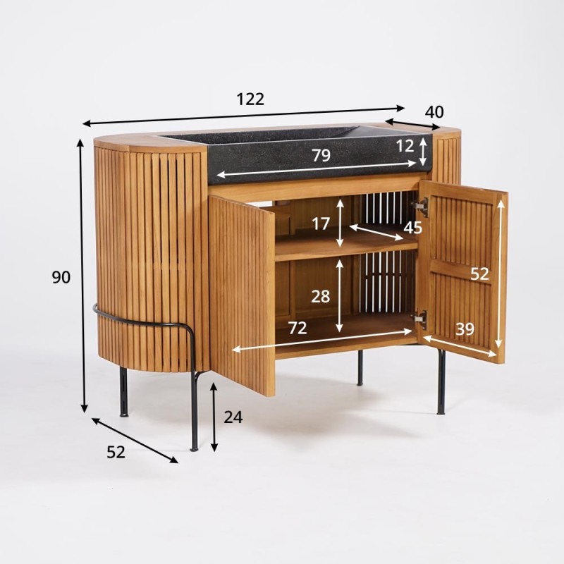 Meuble de salle de bain en teck massif avec vasque en terrazzo noir - Rani Meuble de salle de bain en teck massif avec vasque en terrazzo noir - Rani