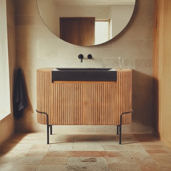 Meuble de salle de bain en teck massif avec vasque en terrazzo noir - Rani