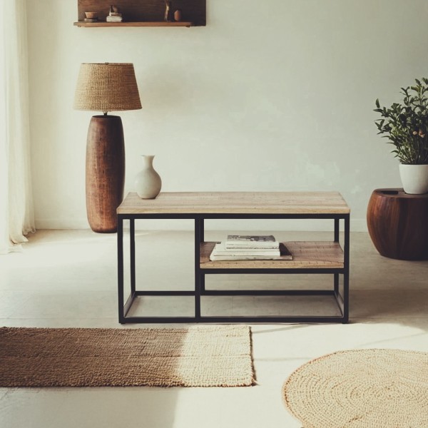 Table basse en bois avec plateau inférieur et structure en métal