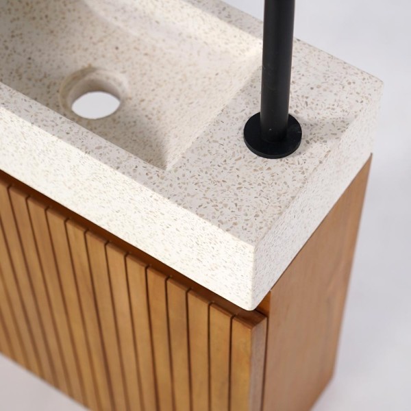 Meuble lave-mains suspendu en bois de teck massif et vasque en terrazzo blanc - Trishna