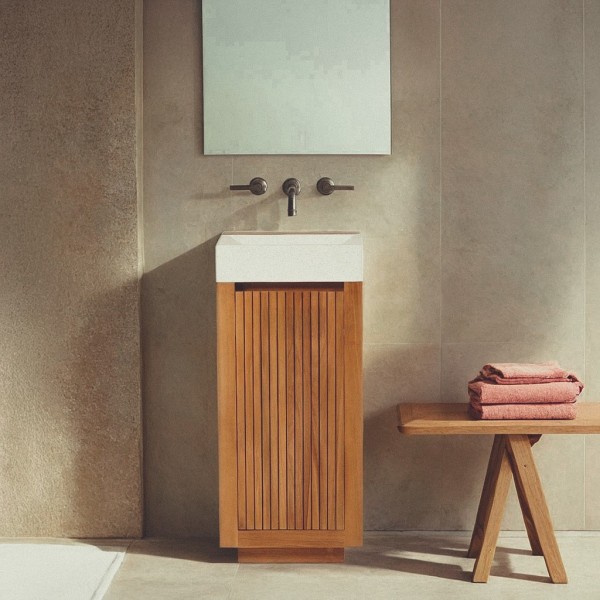 Meuble lave-mains en bois de teck massif et vasque en terrazzo blanc - Kali