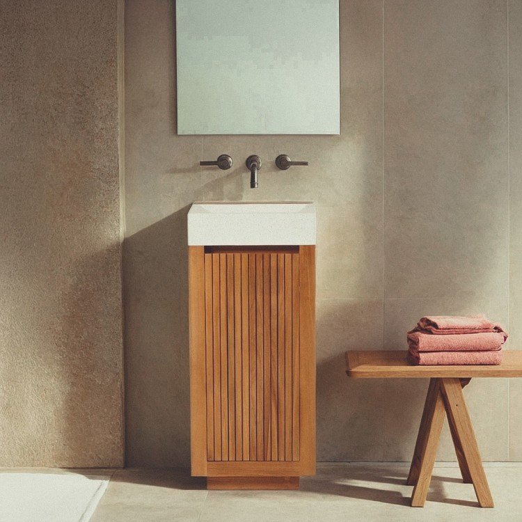 Meuble lave-mains en bois de teck massif et vasque en terrazzo blanc - Kali