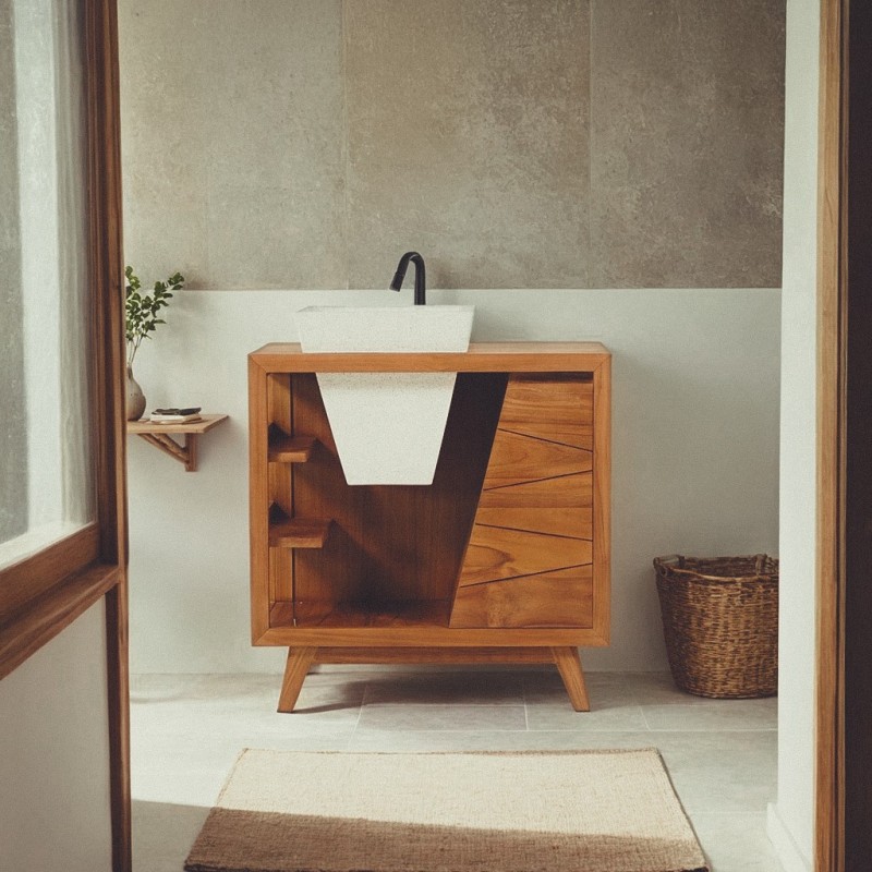 Meuble de salle de bain en teck massif et vasque en terazzo blanc - Meera