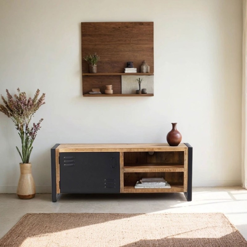 Petit meuble TV industriel 130 cm en bois massif avec porte en métal noir - Kansas