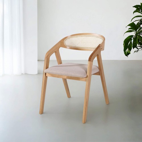 Chaise de salle à manger avec dossier en cannage et tissu blanc - Seren