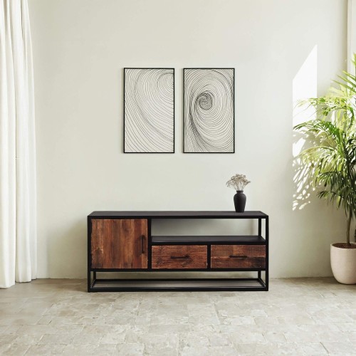 Petit meuble TV industriel en bois recyclé - Recycled