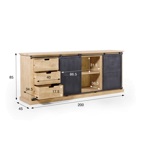 Buffet style industriel​ en bois massif et métal 200 cm - Detroit