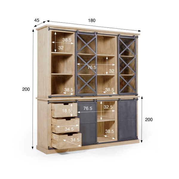 Vaisselier en bois massif de style industriel 180 cm - Detroit