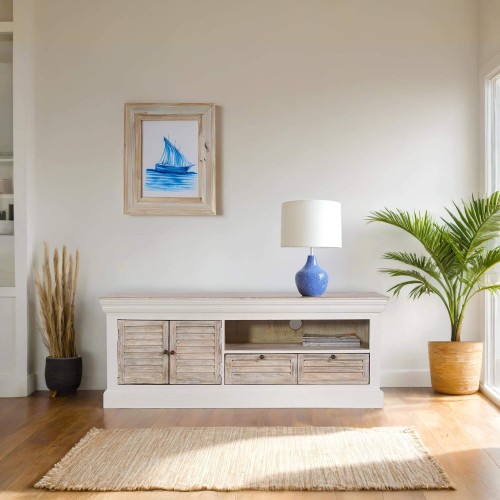 Meuble TV blanc 140 cm en bois naturel - Sea side