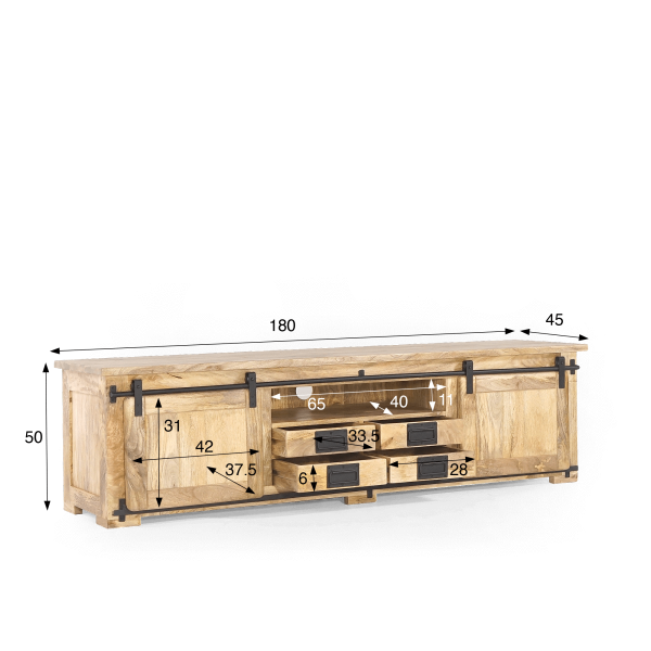 Meuble TV industriel 180 cm avec 4 tiroirs - Paris