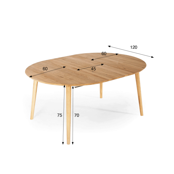 Table à manger ronde en bois de chêne 120 cm avec allonge de 45 cm