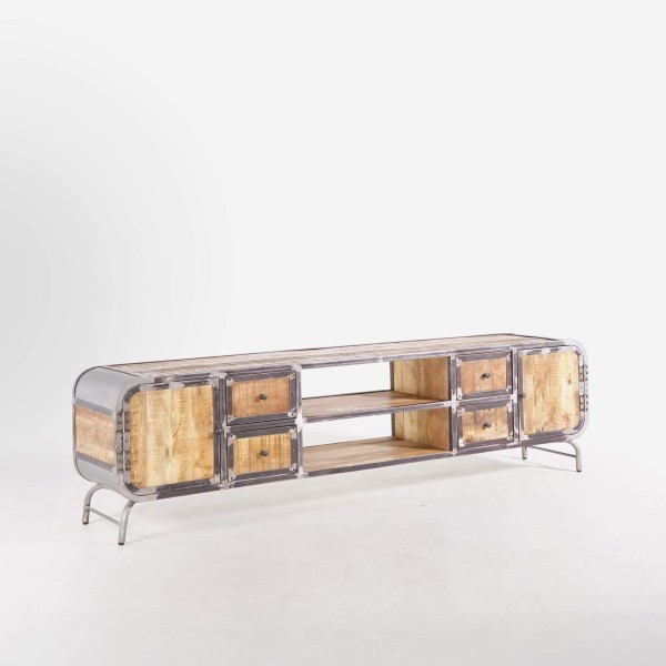 Meuble TV industriel en bois massif et métal 220 cm - Manchester