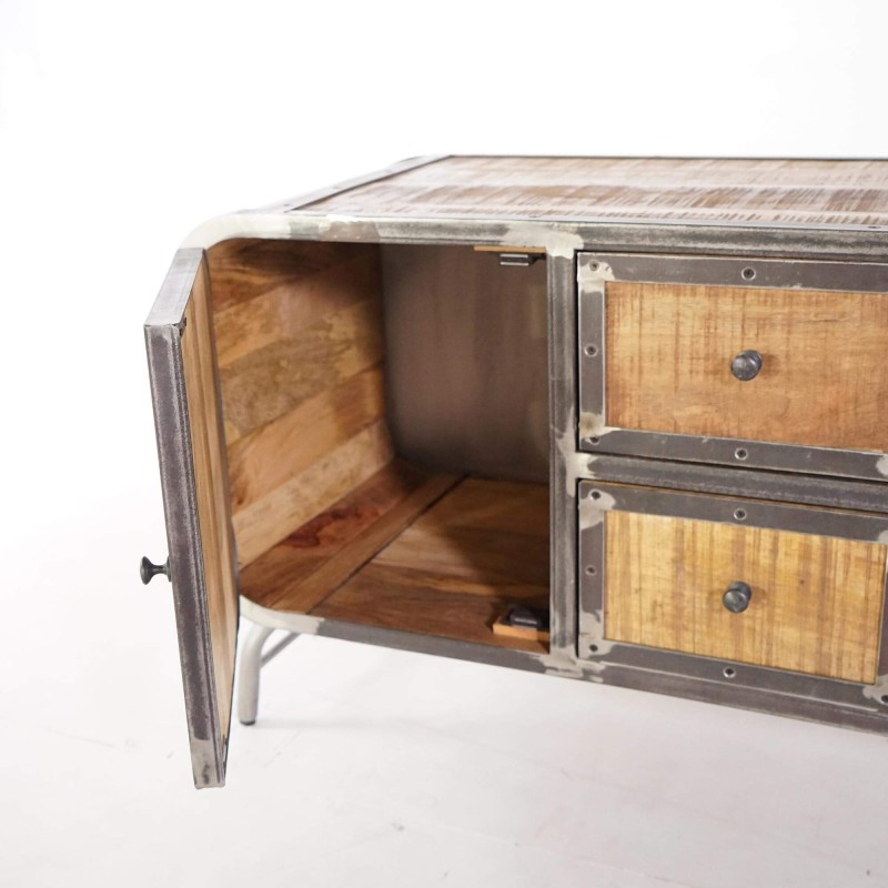 Meuble TV industriel en bois massif et métal 220 cm - Manchester