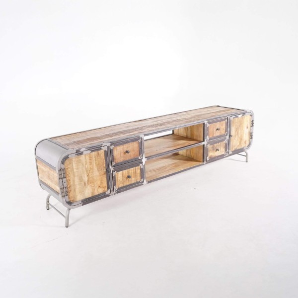 Meuble TV industriel en bois massif et métal 220 cm - Manchester