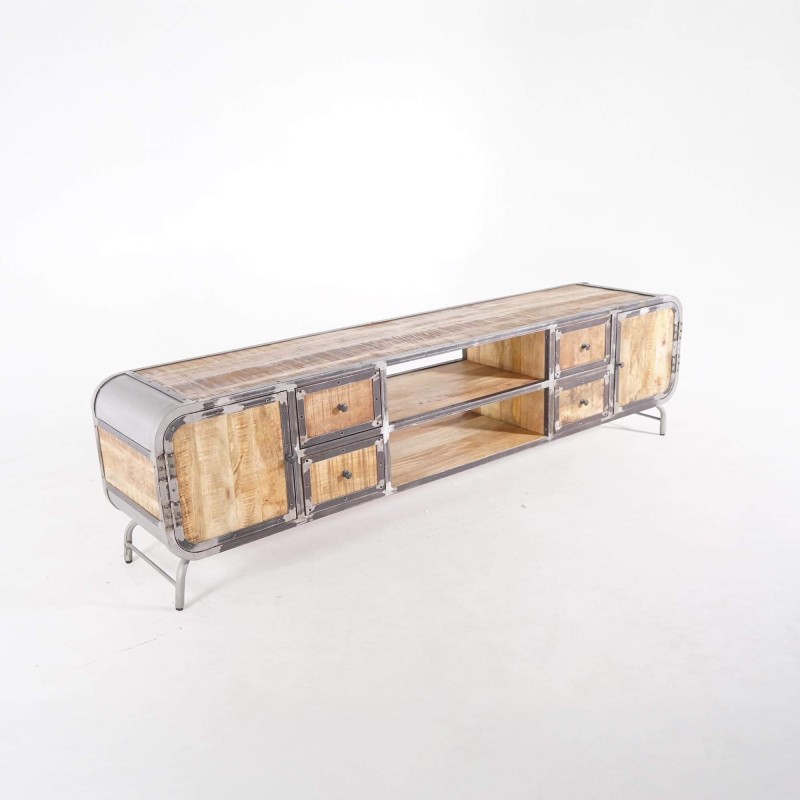 Meuble TV industriel en bois massif et métal 220 cm - Manchester