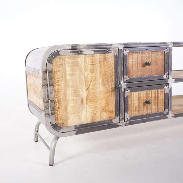 Meuble TV industriel en bois massif et métal 220 cm - Manchester