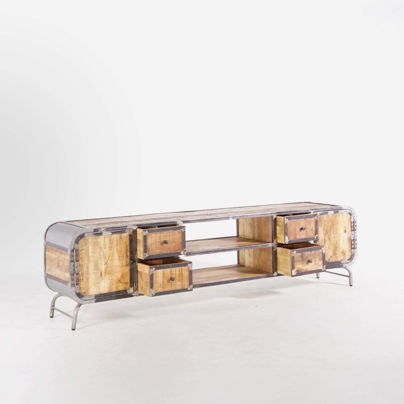 Meuble TV industriel en bois massif et métal 220 cm - Manchester