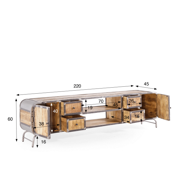 Meuble TV industriel en bois massif et métal 220 cm - Manchester