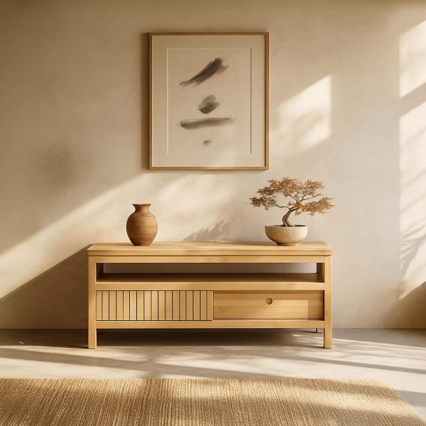 Meuble TV en bois massif et porte coulissante - Rohini