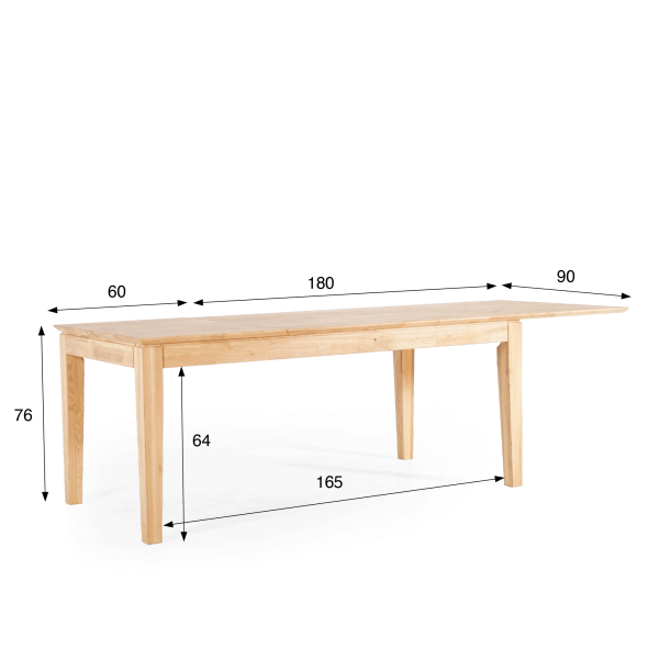 Table à manger rectangulaire en bois de chêne 180 x 90 cm avec allonge de 60 cm