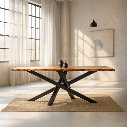 Table de salle à manger en bois massif à pied mikado en métal et bords naturels 180 cm