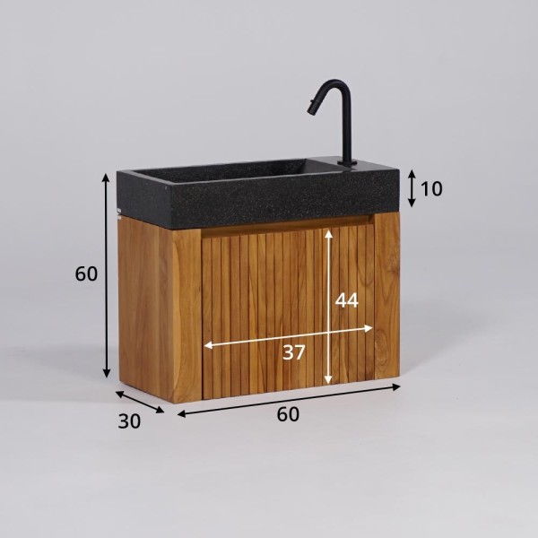 Meuble lave-mains suspendu en bois de teck massif et vasque en terrazzo noir - Nila