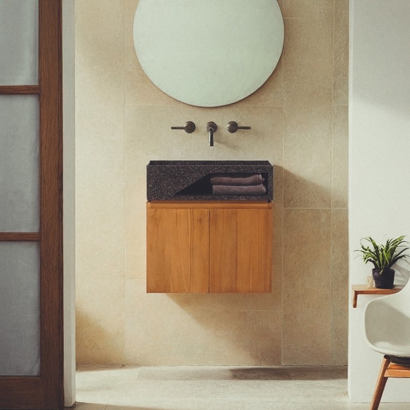 Meuble lave-mains suspendu en bois de teck massif et vasque en terrazzo noir - Tanja