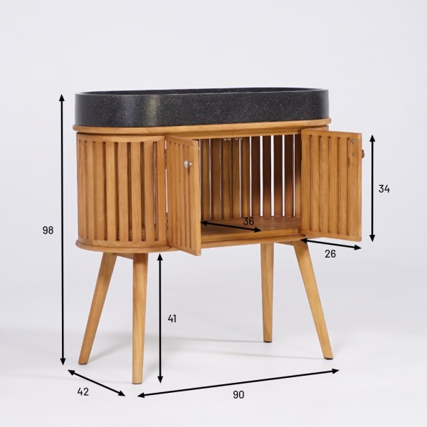 Meuble de salle de bain 90 cm en teck massif et vasque en terrazzo noir - Keya