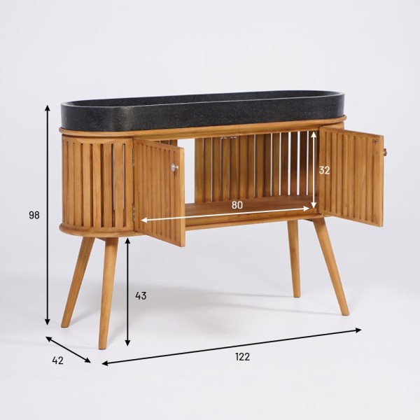 Meuble de salle de bain 120 cm en teck massif et vasque en terrazzo noir - Keya