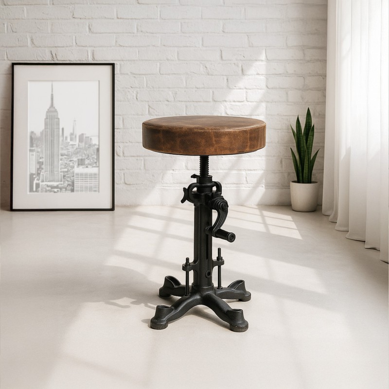 Tabouret industriel réhaussable à manivelle avec assise en cuir synthétique