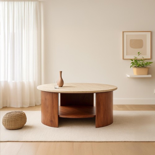 Table basse en bois massif avec plateau en travertin