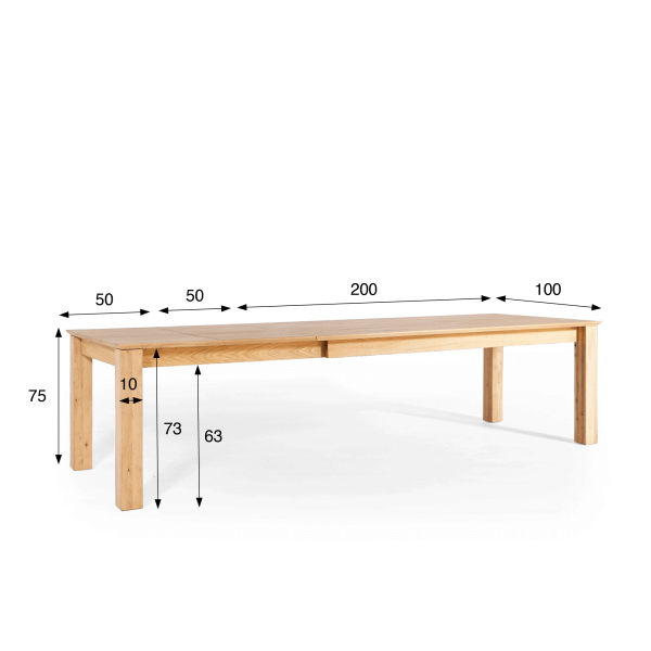 Table à manger en bois de chêne 200 x 100 cm avec allonges de 2 x 50 cm